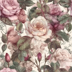  Shabby chic vintage roses, vintage seamless pattern, classic chintz floral repeat background.