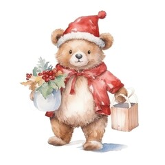 Wall Mural - Watercolor teddy bear in santa costume.