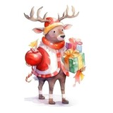 Fototapeta Na drzwi - Watercolor cartoon deer dressed as santa claus.