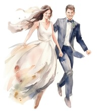Watercolor Bride And Groom Run Holding Hands.