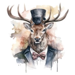 Wall Mural - Watercolor hipster deer in a suit and hat.