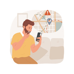 Geofencing tool isolated cartoon vector illustration. Parental control app, monitoring system, using geofencing tool, teen walking with smartphone, map on screen with red zone vector cartoon.