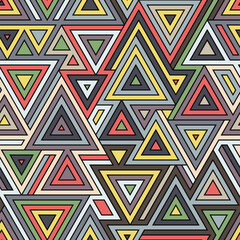 Sticker - Ethnic style seamless pattern with multicolored geometric triangles on a black background. Vintage colors. Striped abstract art illustration. Graphic textile texture. 