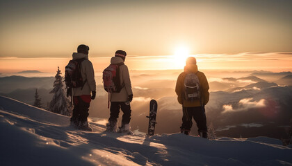 Poster - Men and women hiking mountain range together generative AI