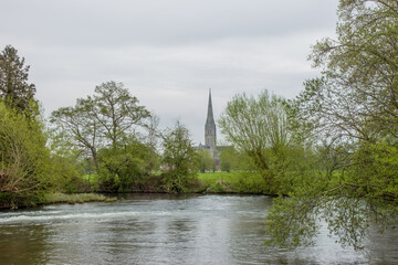 Wall Mural - view of Salisbury Cathedral across the River Avon Wiltshire England