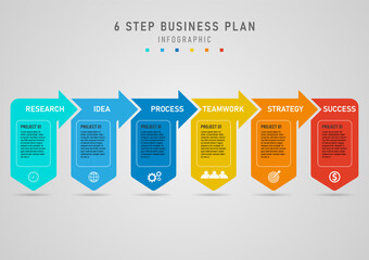 Wall Mural - Business plan simple 6 step infographic template to success multicolored squares with arrows white icon below gray gradient background design for marketing, finance, product, project, investment