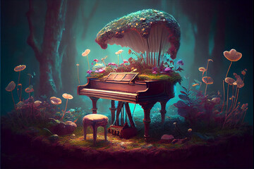 Vintage fantasy piano of unique design with giant mushroom, generative ai illustration