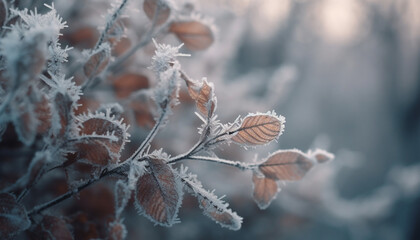 Canvas Print - Frosty branch in winter forest, close up macro generative AI