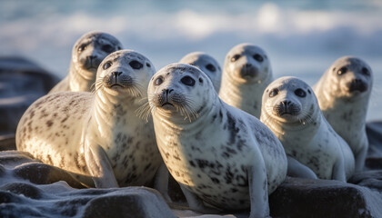 Wall Mural - Arctic seal colony resting on snowy coastline generative AI