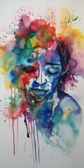 Wall Mural - abstract watercolor painting of a person dealing with sleeplessness because of pain and depression. - Generative AI 