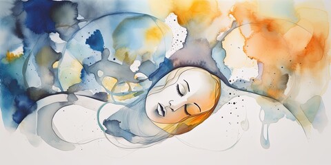 Wall Mural - abstract watercolor painting of a person dealing with sleeplessness because of pain and depression. - Generative AI 