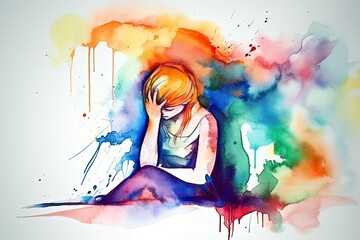 Wall Mural - abstract watercolor painting of a person dealing with sleeplessness because of pain and depression. - Generative AI 