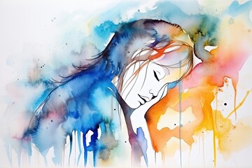 Wall Mural - abstract watercolor painting of a person dealing with sleeplessness because of pain and depression. - Generative AI 