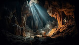 Fototapeta Natura - Majestic stalactites and stalagmites in underground grotto generative AI
