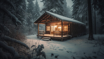 Wall Mural - Illuminated cabin in snowy forest, spooky tranquility generated by AI