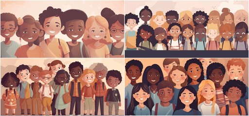 illustration. Happy diverse junior school students children group looking at camera standing in classroom. Smiling multiethnic cool kids boys and girls friends posing for group portrait together.