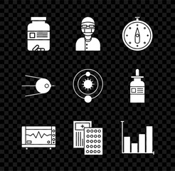 Sticker - Set Medicine bottle and pills, Assistant, Compass, Computer monitor with cardiogram, Pills blister pack, Pie chart infographic, Satellite and Solar system icon. Vector