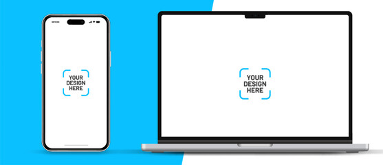 Poster - Modern laptop mockup front view and smartphone mockup high quality isolated on white background. Notebook mockup and phone device mockup for ui ux app and website presentation Stock Vector.