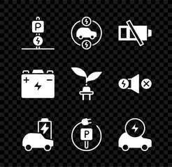 Sticker - Set Charging parking electric car, Electric, Low battery, Car and saving plug leaf icon. Vector