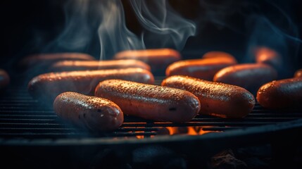 Wall Mural - Smoke is being used to prepare hot dogs on a grill. Generative AI
