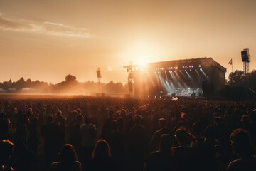 Crowd at a open air concert. People celebrating on an summer open air. Generative AI