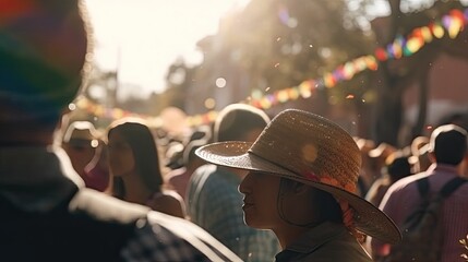 Wall Mural - people wearing farmer hat celebrating festa junina. silhouette crowd of people celebrate festas juninas. colorful garland june brazilian festival. sao joao. generative ai illustration