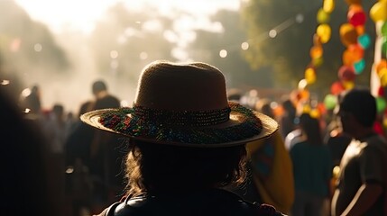 Wall Mural - people wearing farmer hat celebrating festa junina. silhouette crowd of people celebrate festas juninas. colorful garland june brazilian festival. sao joao. generative ai illustration