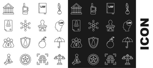 Sticker - Set line Scales of justice, Umbrella, Head with law, Law book, Hexagram sheriff, Identification badge, Courthouse building and Stage stand or debate podium rostrum icon. Vector