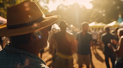 Wall Mural - people wearing farmer hat celebrating festa junina. silhouette crowd of people celebrate festas juninas. colorful garland june brazilian festival. sao joao. generative ai illustration