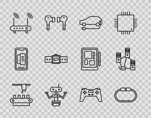 Set line Factory conveyor system belt, Smartwatch, Electric car, Robot, Router and wi-fi signal, Gamepad and Computer network icon. Vector