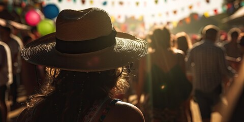 Wall Mural - people wearing farmer hat celebrating festa junina. silhouette crowd of people celebrate festas juninas. colorful garland june brazilian festival. sao joao. generative ai illustration