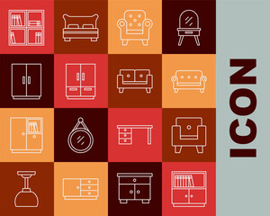 Sticker - Set line Library bookshelf, Armchair, Sofa, Wardrobe, Shelf with and icon. Vector