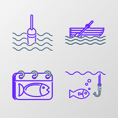 Poster - Set line Fishing hook under water with fish, Calendar, boat oars on and float icon. Vector