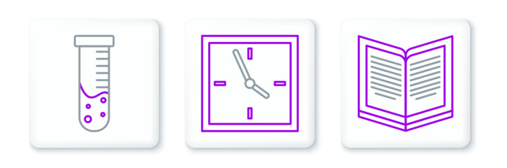 Sticker - Set line Open book, Test tube and flask chemical laboratory and Clock icon. Vector