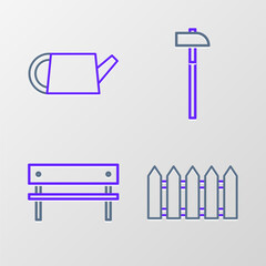 Canvas Print - Set line Garden fence wooden, Bench, Hammer and Watering can icon. Vector