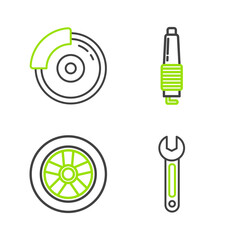 Poster - Set line Wrench, Car wheel, spark plug and brake disk with caliper icon. Vector