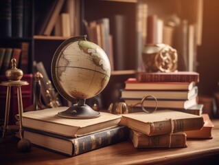 A globe and compass on a desk with a stack of books