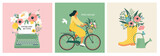 Fototapeta Dinusie - A typewriter with the text of congratulations, a girl riding a bicycle, a bouquet in a rubber boot and a garden watering can.