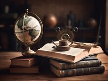 A Globe And Compass On A Desk With A Stack Of Books