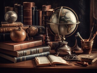 A globe and compass on a desk with a stack of books