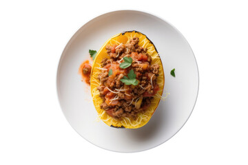 Wall Mural - Spaghetti Squash With Meat Sauce On White Plate, On Isolated Transparent Background, Png. Gluten-Free Dish.. Generative AI