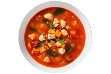 Wall Mural - Spicy Chicken And Vegetable Soup On White Plate, On Isolated Transparent Background, Png. Gluten-Free Dish.. Generative AI