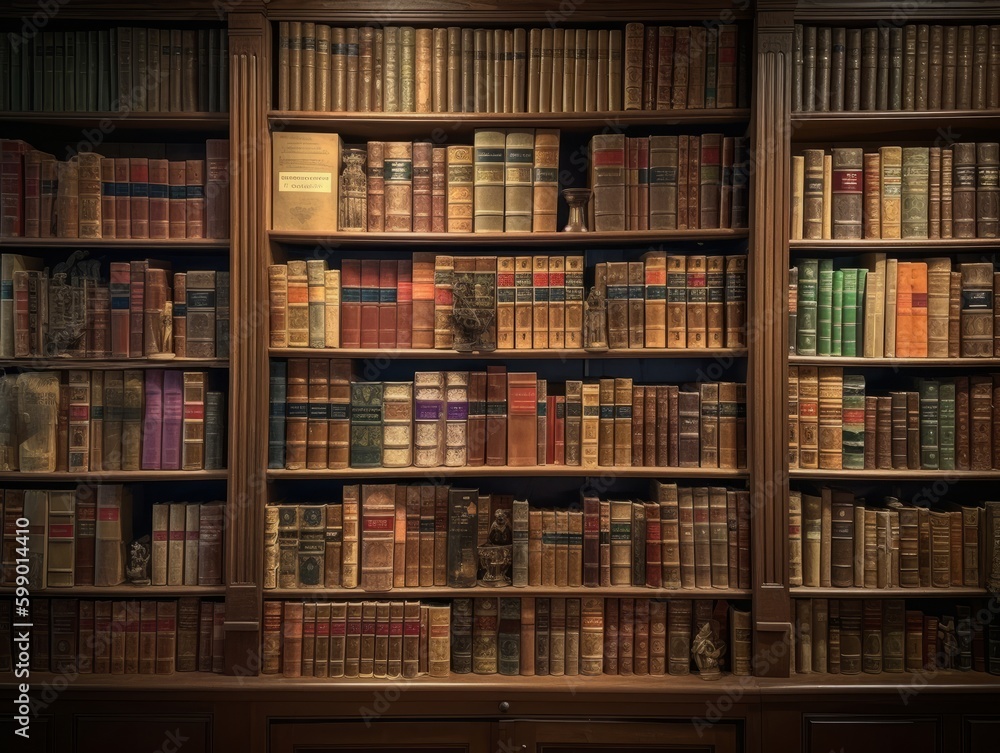 A library bookshelf filled with books and reference materials Stock ...