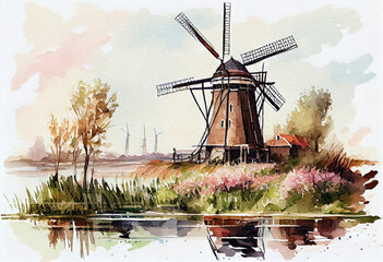 Dutch Windmill landscape in the bright spring morning. Watercolor drawing style. Generative ai
