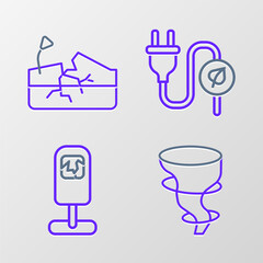 Sticker - Set line Tornado, Trash can, Electric saving plug in leaf and Earthquake icon. Vector