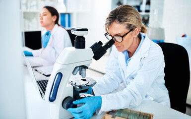 Wall Mural - running diagnostics on clinical data. a mature scientist using a microscope in a lab with her collea