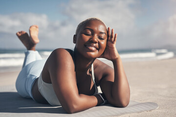 Poster - I cant imagine life without yoga now. a sporty young woman lying on her yoga mat at the beach.