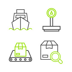 Canvas Print - Set line Search package, Conveyor belt with box, Scale and Cargo ship boxes delivery icon. Vector