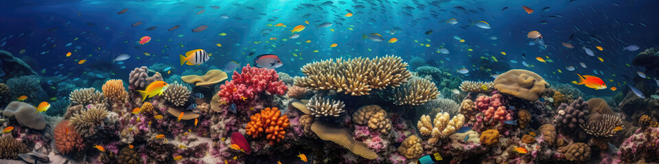 Colorful Coral Reef With Schools Of Tropical Fish. Panoramic Banner. Generative AI