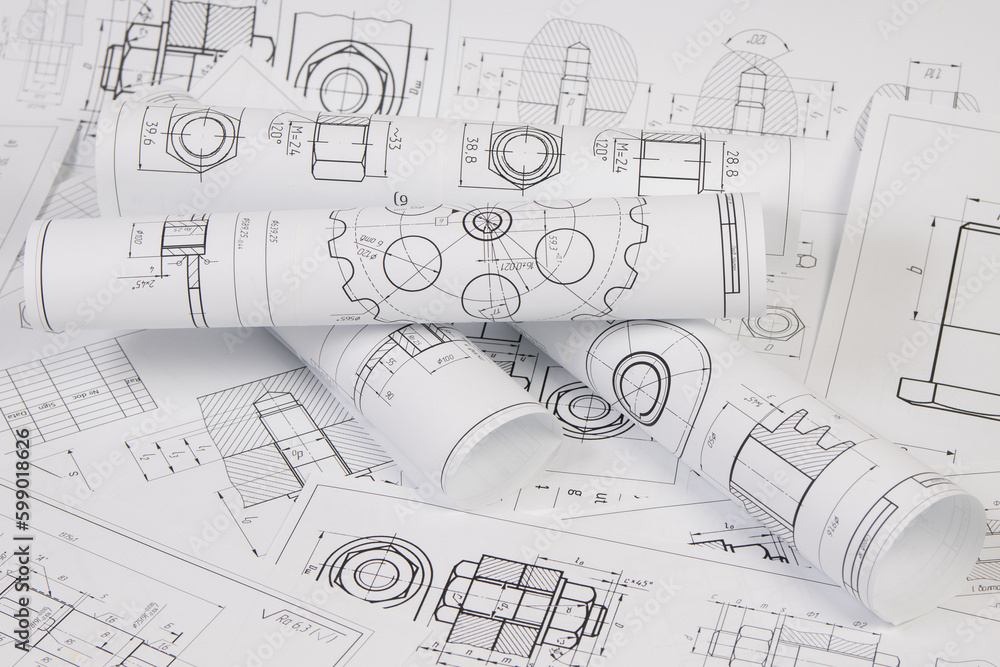 engineering drawings of industrial parts and mechanism